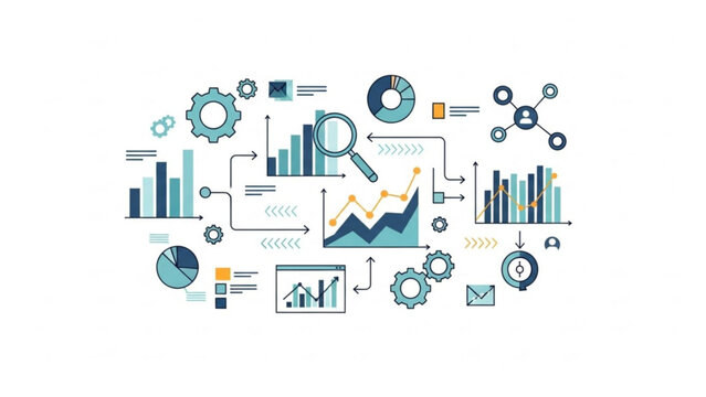 Business analytics and data visualization with graphs charts and gears on white background for marketing strategy and planning