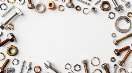 Various nuts and bolts arranged on a white background.