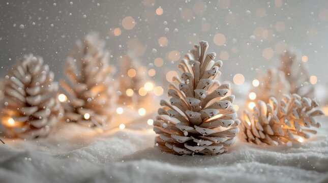 Close-up of snow-covered pinecones with warm glowing lights, showcasing natural winter decor and minimalistic festive atmosphere.