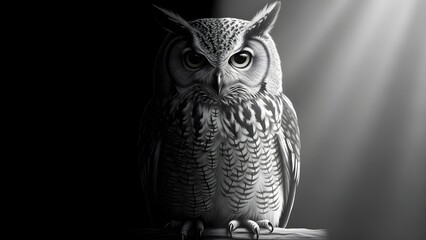 A majestic owl in black and white emerges from shadows into a soft beam of light, symbolizing wisdom, mystery, and focused intuition.