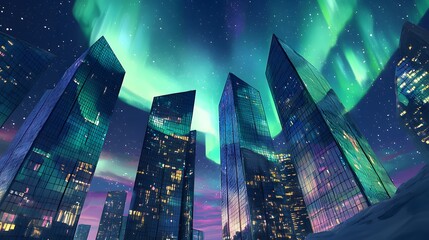Futuristic Cityscape Under Aurora Filled Night Sky with Vibrant Lights and Reflective Glass Skyscrapers