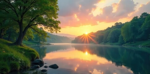 A serene nature wallpaper for meditation, featuring a tranquil landscape with lush green trees, a calm lake, and a peaceful sunset sky , scenery, meditative