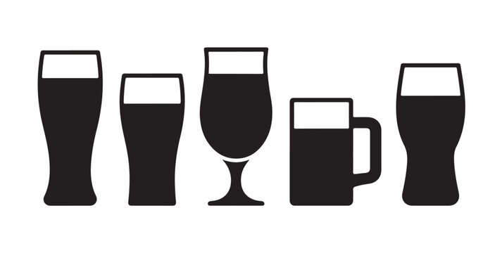 Alcoholic beverage glasses set different shapes beer pint tulip mug simple glyph solid icon black white
