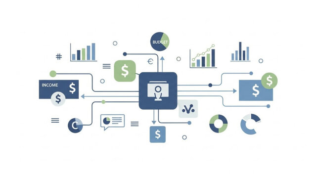 Financial business concept with income expenses and profit charts graphs and symbols on white background