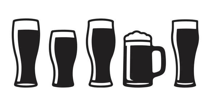 Assortment of five different beer glasses filled with dark foamy liquid representing ale or stout