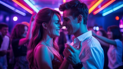 Romantic Couple Dancing Close Together in a Nightclub with Vibrant Neon Lights and Intimate Atmosphere Generative AI