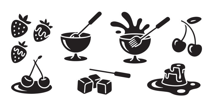 Dessert and fruit icon set, strawberries, cherries, ice cream, chocolate sauce, sweet treats