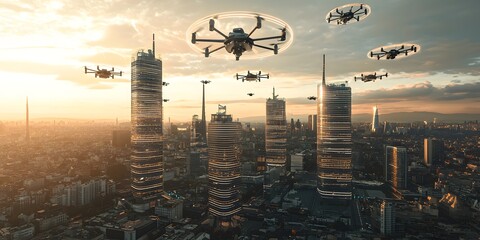 Futuristic Cityscape with Glowing Skyscrapers,Levitating Trains,and Delivery Drones in the Sky