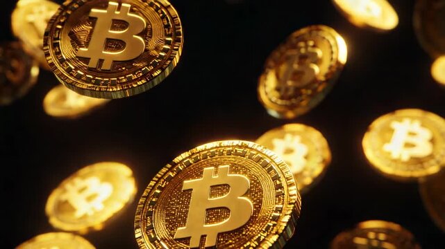 A bunch of gold coins with the letter B on them. They are flying through the air. The coins are very shiny