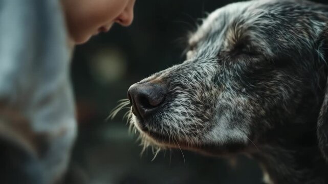 Close up of a person gently stroking a dog's face, sharing an intimate moment for animal companionship concept and pet love