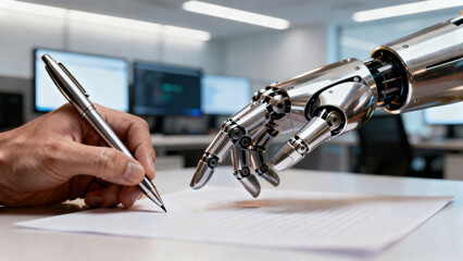 Human and robotic hands interacting over paper in modern office environment symbolizing collaboration between people and artificial intelligence