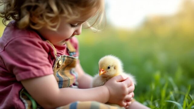 Toddler girl tenderly holding a fluffy yellow chick outdoors in green grass for childhood wonder concept and new life