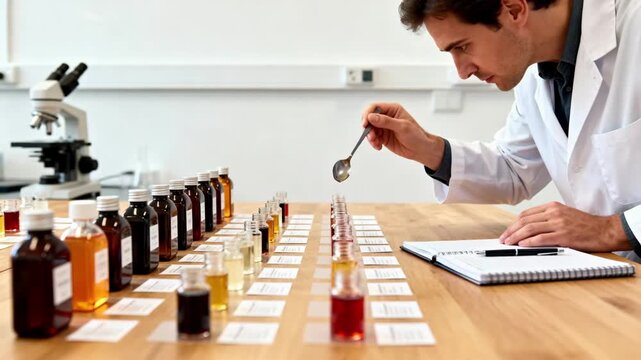 Medium shot of a professional conducting flavor balance analysis sampling multiple product variations arranged systematically for detailed sensory evaluation.