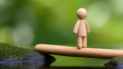 Wooden figure on floating plank a close-up artistic representation of serenity in nature