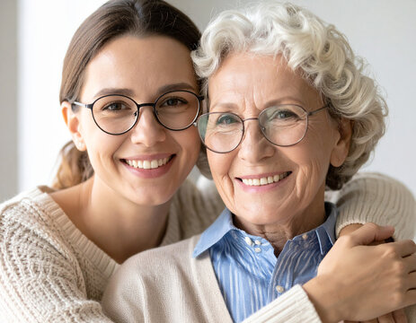 Una abuela y su nieta abrazadas sonriendo en concepto de apoyo a la tercera edad, el amor, la familia unida, la felicidad compartida y ayuda a la vejez, felicidad, cercan&iacute;a y valores humanos