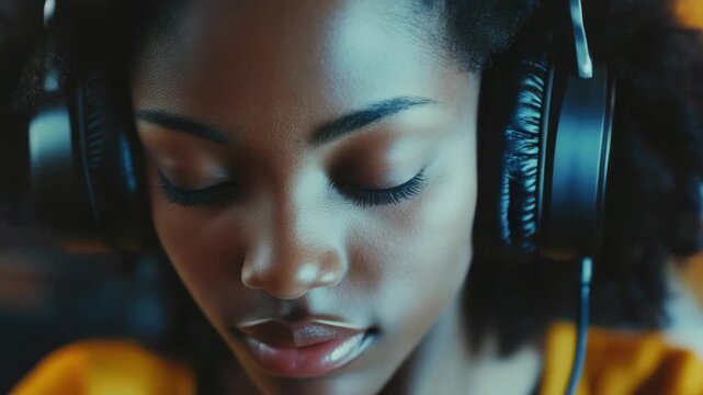 A close-up of a young woman wearing headphones and closing her eyes while listening to music. Her face has a serene expression.