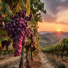 Sunset Vineyard Landscape with Ripe Red Grapes