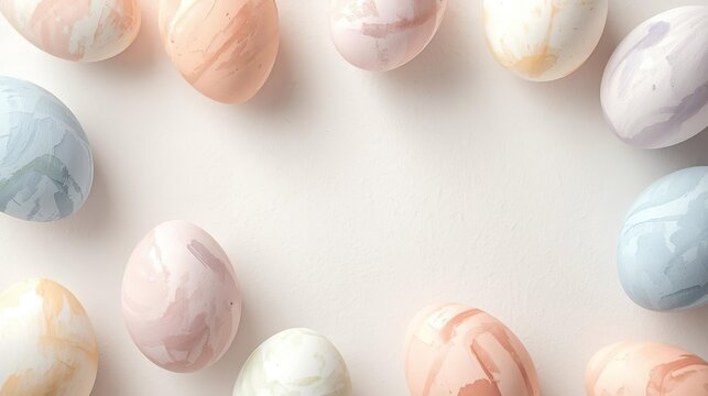 Luminous Easter 2026 eggs with artistic brushstroke textures form delicate border frame in dreamy soft light, blending pastel blue, peach and cream tones for romantic spring greeting card designs