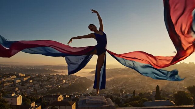Graceful aerial dancer in flowing blue fabric above a sunlit cityscape at dusk