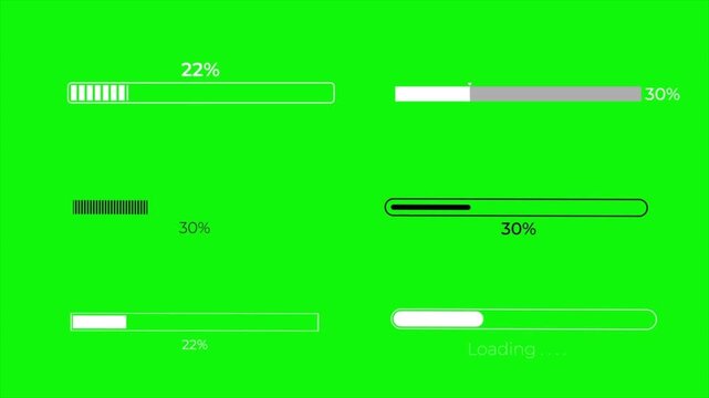 green screen loading progress bar animation pack with percentage indicators, modern ui preload elements for video editing, apps, websites, and motion graphics projects