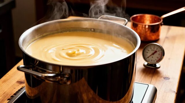 Medium shot of steam rising from a jacketed kettle as sweetened condensed milk thickens highlighting the slow heating process in a smallbatch production setup.