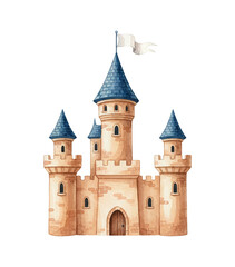 Naklejka premium Magical Fairytale Castle with Blue Roofs and White Flag Standing Tall in Whimsical Watercolor Style
