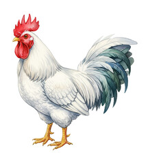 Fototapeta premium White Rooster Standing Proudly with Red Comb and Blue Green Tail Feathers in Watercolor Illustration Style
