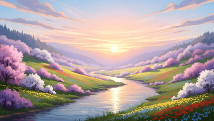 Serene landscape with river flowing through colorful flower field and pink trees at sunset social media thumbnail poster banner download 2026 2027