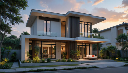 Fototapeta premium Modern Luxury Home Exterior with Lush Landscaping at Sunset
