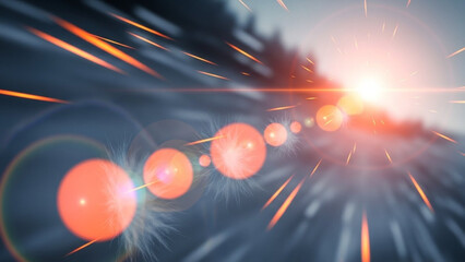 A dynamic abstract scene with vibrant orange light streaks and lens flare creating a sense of rapid movement