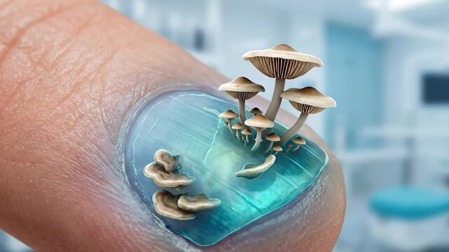 Close up of fungal nail infection conceptualized with small mushrooms on fingernail.