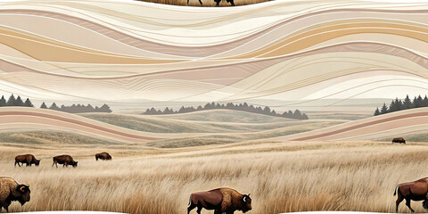 Prairie landscape with rolling hills bison herd and dry grass in warm earthy tones