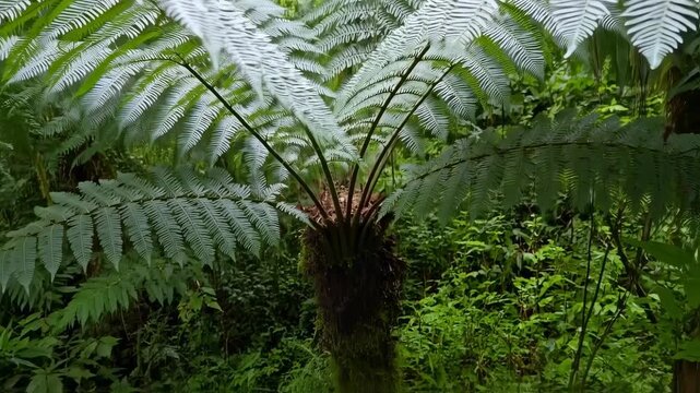 A majestic fern tree showcases textured fronds, contrasting the lush green undergrowth within a forest