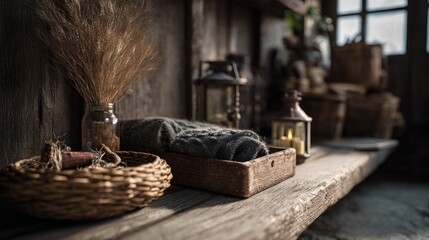 Obraz premium Rustic Interior with Woolen Blanket, Dried Grass, and Antique Lanterns