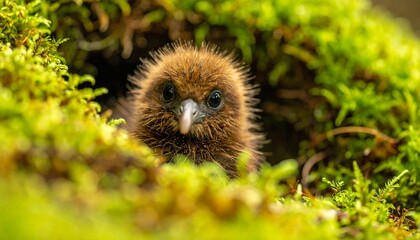 Close-up Portrait of a Brown Kiwi Chick Peeking from Burrow