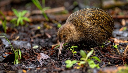 Adult Kiwi Foraging in Damp Rainforest Soil After Rain