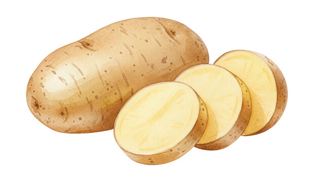 Fresh Whole Potato and Sliced Potato Pieces Delicious Vegetable Isolated on White Background