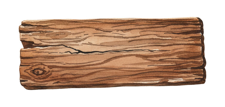 Weathered brown wood plank with natural grain and a crack isolated on a white background watercolor style
