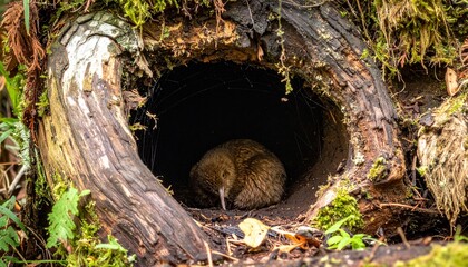 Kiwi Bird Hiding Inside a Hollow Old-Growth Tree Log