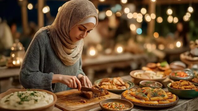 During the evening of Eid Mubarak, a Middle Eastern Muslim woman wearing a headscarf prepares food and sets the dinner table for a family feast.
