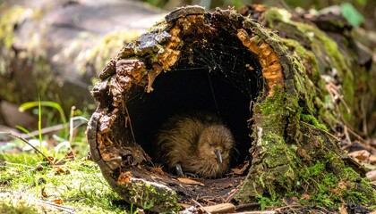 Kiwi Bird Hiding Inside a Hollow Old-Growth Tree Log