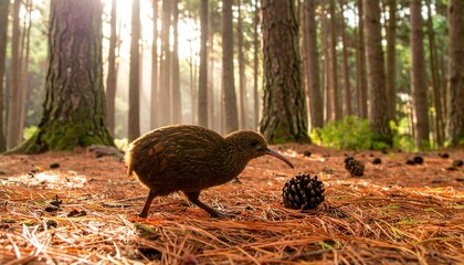 Kiwi Bird Walking Through Misty Pine Plantation Floor