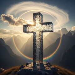 Naklejka premium Glowing cross on mountain peak with rainbow halo and sunrise