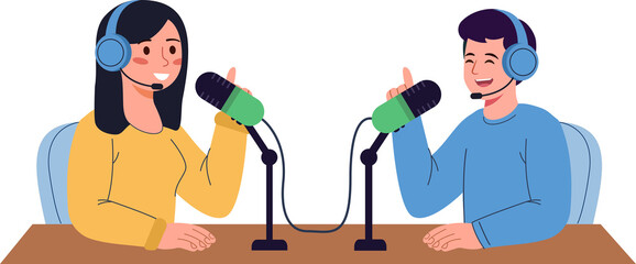 People in headphones recording live podcast recording audio, online show vector illustration.