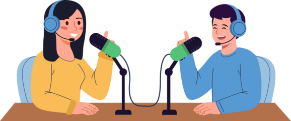 People in headphones recording live podcast recording audio, online show vector illustration.