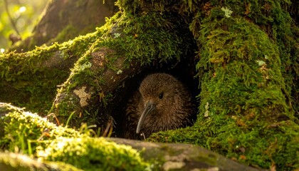 Kiwi Bird Sheltering Among Tangled Southern Beech Tree Roots