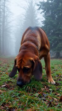 Brown dog with long ears sniffing the ground in a foggy forest during autumn