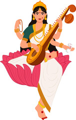 goddess of wisdom saraswati maa sitting on lotus vasant panchami puja festival of india vector illustration