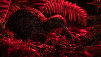 Nocturnal Kiwi Bird Observed Under Red Light Observation