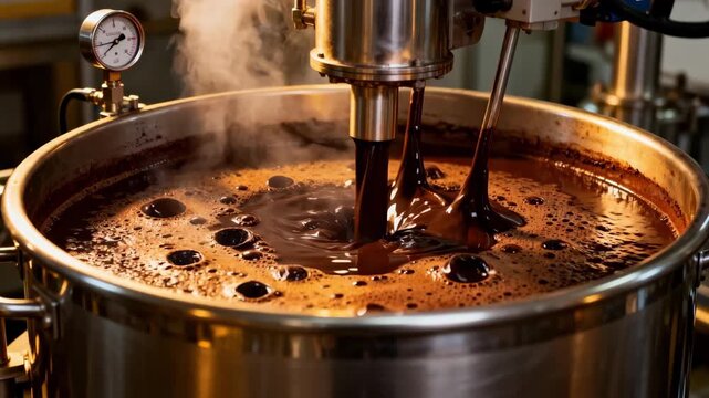 Closeup medium shot of medium alkalization process in industrial reactors showing cocoa liquor being treated with alkali for balanced flavor profile and medium color darkening.